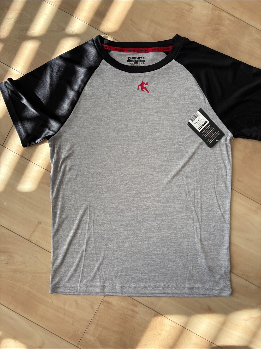 And1 Grey Heather Tee with Black Raglan Sleeves and Red Logo
